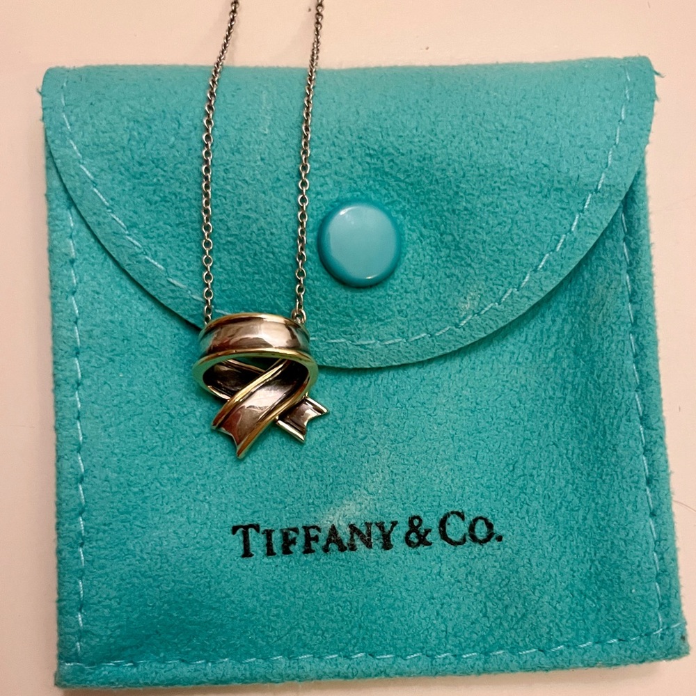 Tiffany & Co. Sterling Silver with 18k Yellow Gold Ribbon Necklace with Pouch